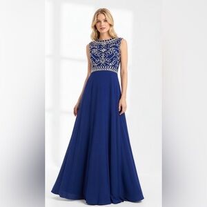 Stunning Beaded Royal Blue A Line Maxi Dress Gown Prom Formal Size S